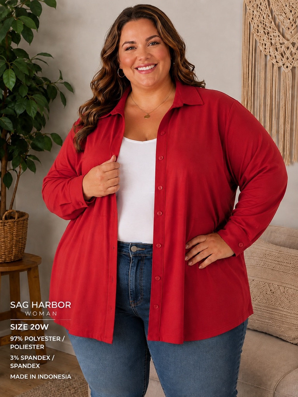 Sag Harbor Woman Size 20W Red Button Front Long Sleeve Tunic Blouse Blazer